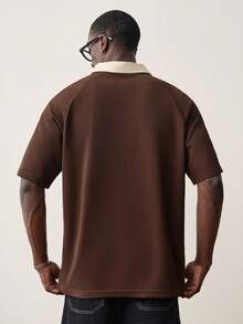 STYNVO Men's Letter & Stripe Raglan Short Sleeve Casual Commuter Polo Shirt - Coffee Brown - View 2