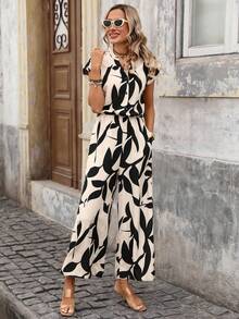 Brillora 女士休闲优雅浪漫度假风印花连体裤，带口袋，春夏款 - 黑與白 - 查看 9