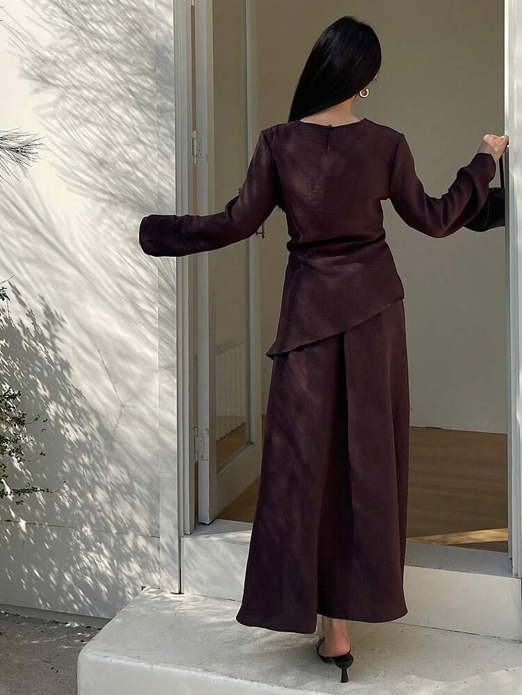 Women's Solid Color Round Neck Long Sleeve Asymmetric Hem Top And Wide Leg Pants Loose 2 Pieces Set