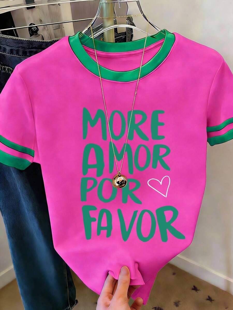 SHEIN LUNE 女士字母印花图案宽松休闲撞色条纹圆领T恤 - 彩色 - 查看 1