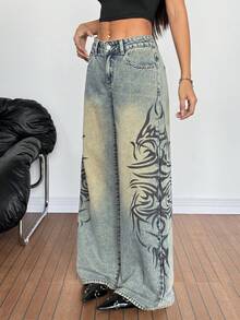 SHEIN PETITE Women's Graphic Print Slant Pocket Casual Versatile Wide Leg Jeans - Black - View 7