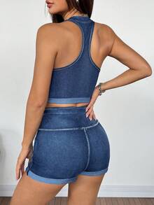 SHEIN PETITE Women's Casual Halter Top And Denim Shorts Set, Summer - Dark Wash - View 2
