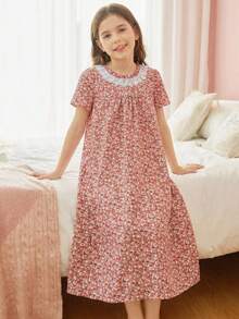 SHEIN Young Girl Ditsy Floral Chiffon Tassel Trim Round Neck Casual Dress Loungewear - Pink - View 3