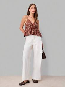 Nöista Brown Halter Pelum Top With White Floral Embroidery Fabric And Braid Piping Around Neckline. Easter, Spring, Summer, Boho, Festival. - Chocolate Brown - View 7