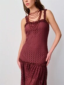 Nöista Đầm maxi với chất liệu ren tinh tế và dây đeo xếp ly. Thích hợp cho mùa xuân, hè, nữ. - Màu Đỏ Sâu - Xem 3