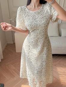 DAZY Women's Elegant Sequin Floral Print Round Neck Lantern Sleeve Mid-Length Dress, Summer - Beige - View 5