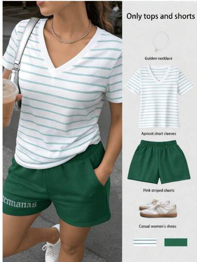 Blusa casual de rayas cuello en v manga corta ajuste cómodo con short casual para uso diario