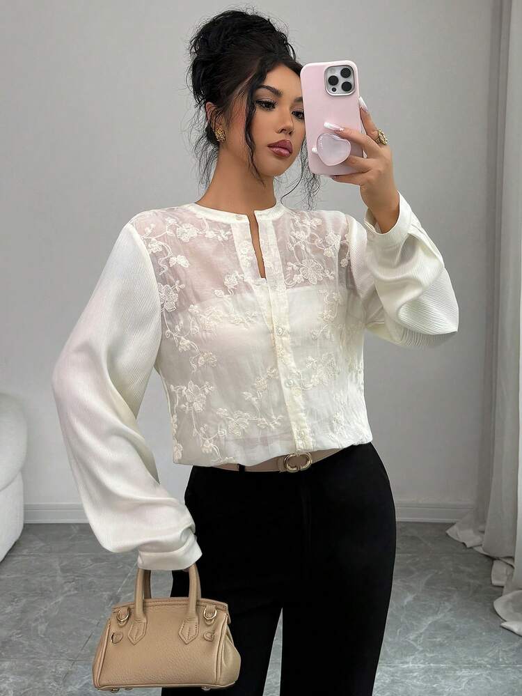 Women's Floral Embroidered Long Sleeve Single-Breasted Casual Blouse