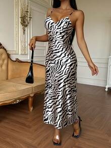 Livesso Elegant Holiday Beach Party Outfit, Summer Zebra Print V-Neck Waist Cinched Mid-Length Dress For Women - Black and White - View 4