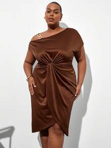 Levarali Plus Size Elegant Sexy Chocolate Brown Summer Dress For Curve, Asymmetrical Shoulder Sequin Embellished Strap Ruched Tulip Hem Cocktail Party Slit - Brown - View 5