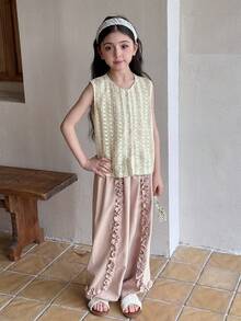 DAZY Tween Girl Round Neck Single-Breasted Vest Shirt And Frill Trim Pants Set Summer Vacation - Pink - View 1
