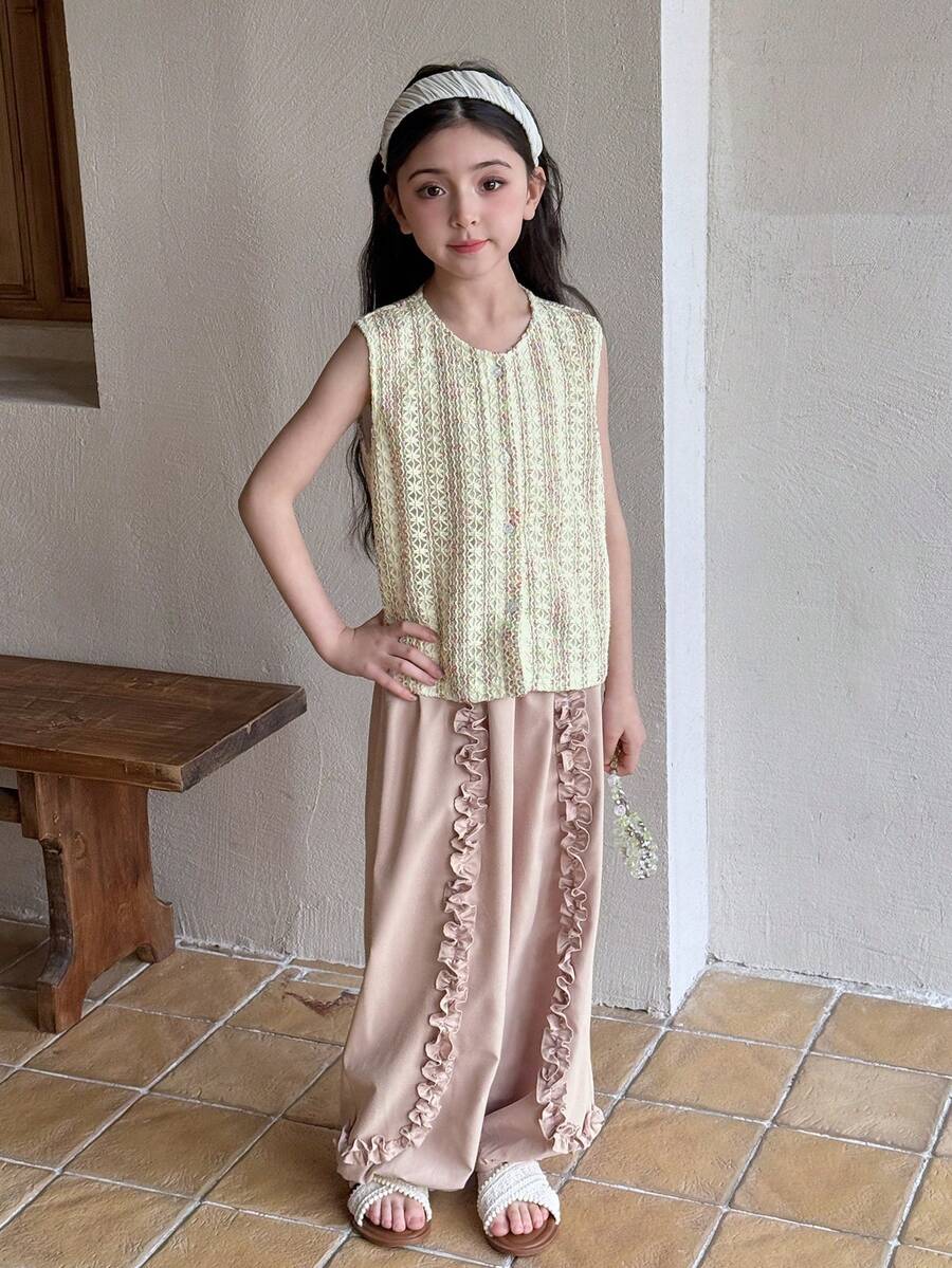 DAZY Tween Girl Round Neck Single-Breasted Vest Shirt And Frill Trim Pants Set Summer Vacation - Pink - View 1