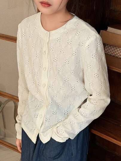 DAZY Tween Girl Minimalist Solid Color Hollow Embroidery Front Button Long Sleeve Shirt, Autumn