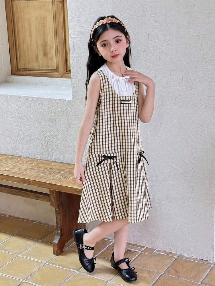 Tween Girls' Summer Casual Patchwork Plaid Bow Decor Dress