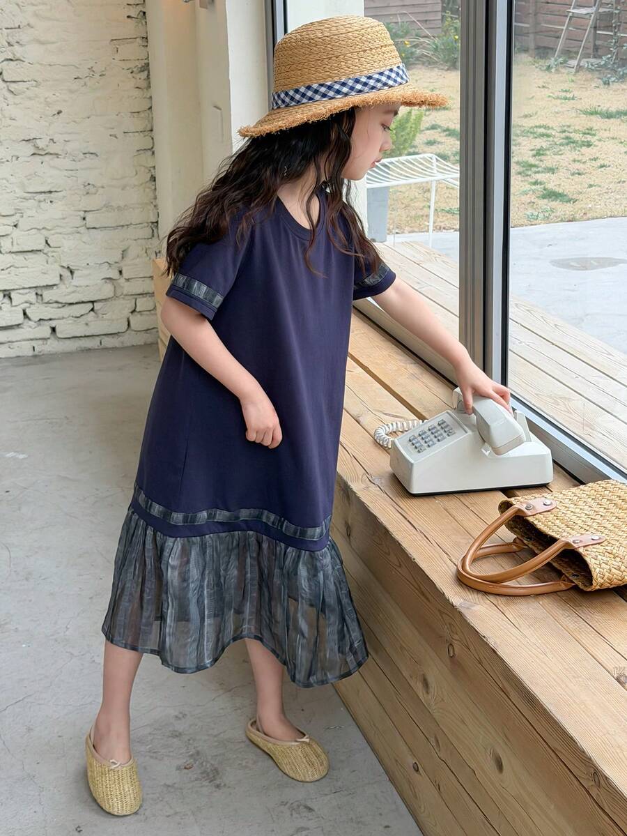 Dazy Kids 韩版休闲撞色圆领短袖连衣裙夏季连衣裙 - 黑色 - 查看 1