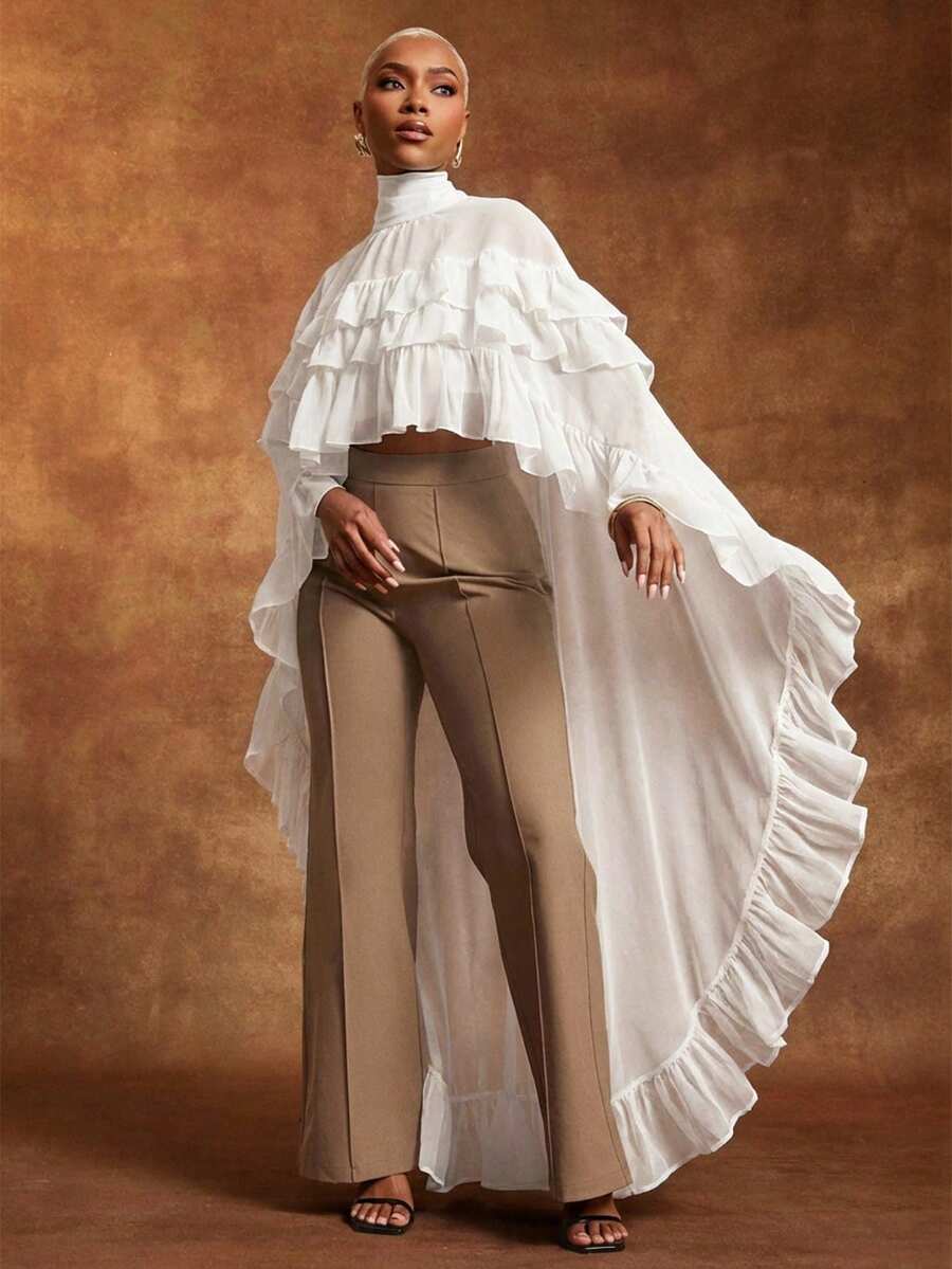 Blusa con cuello de pico, volantes y bajo irregular en gasa negra transparente - Blanco - Ver 1