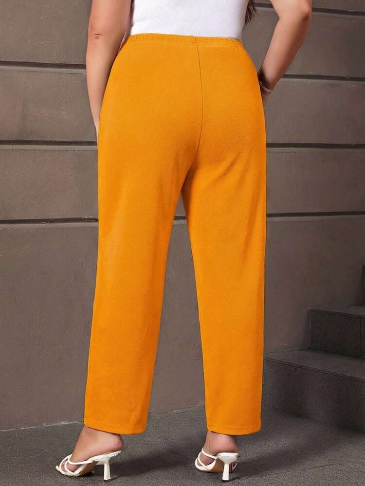 Plus Size Women's Casual Daily Solid Color  Yellow Long Pants With Pockets,Summer Outfits For Women, Solid Capris Pants,Spring/Summer/Vacation,Commute, Daily Wear