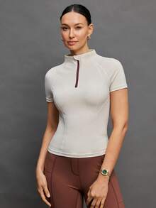 Activina Women's Front Zip Mandarin Collar Short Sleeve Fitted Equestrian Top Equestrian Clothing Women's Polo Women's Golf Top Tops For Women Horseback Riding Outfit  Summer Spring Winter Ralphlauren Knitted Fabric - Khaki - View 5