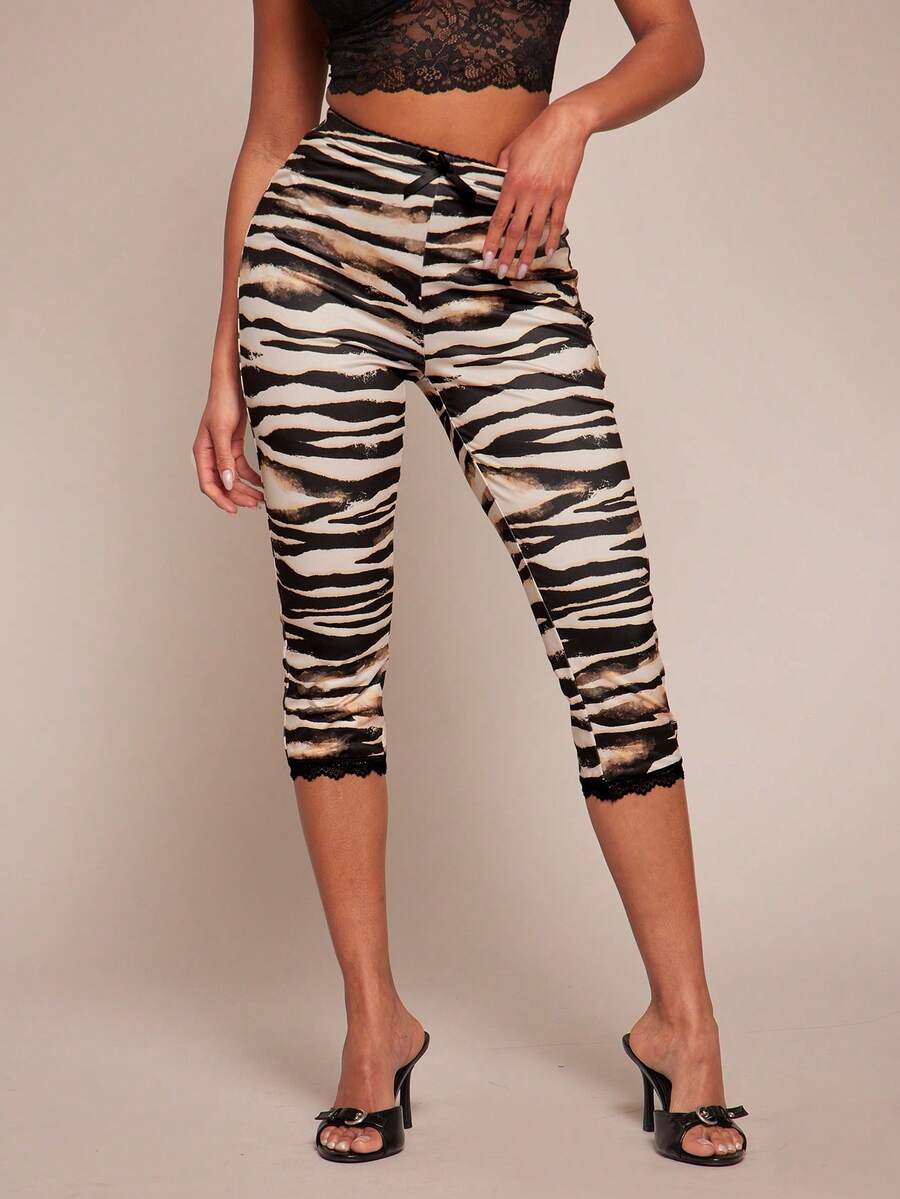 Radiana Sexy Casual Zebra Print Leggings, Bow Lace Trim Leggings, Capri Pants, Skinny Pants, Leisure Pants, Beach Pants, High Elastic Knit Fabric, Slim Fit Curve-Revealing, Suitable For Casual Outings, Urban, Island Vacation, Beach, Holiday, Night, Date, Gathering, Party, Club, Cocktail Party, Carnival, Music Festival, Concert, Festival - Multicolor - View 1