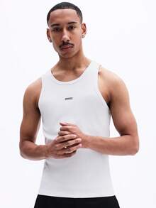 SUMWON Áo tank top nam cổ tròn màu trắng cổ điển, không tay, chất liệu gân, kiểu dáng cơ bản mùa hè. - trắng - Xem 1