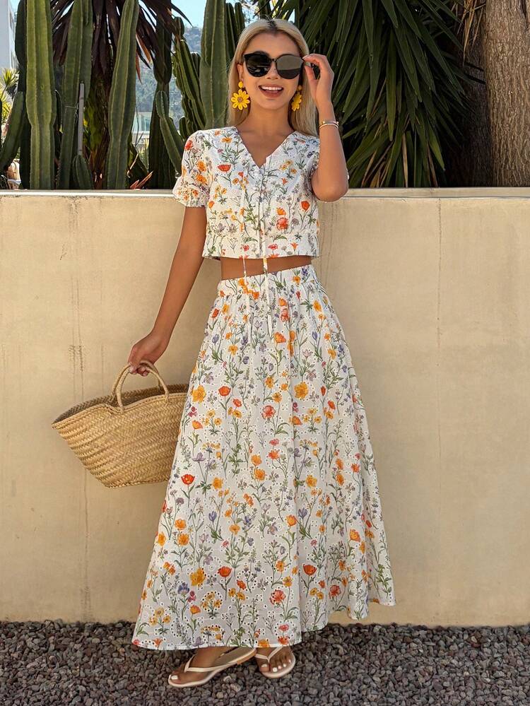 Women's Elegant Floral V-Neck Tie Waist Petal Sleeve Shirt And Skirt 2-Piece Set, Summer