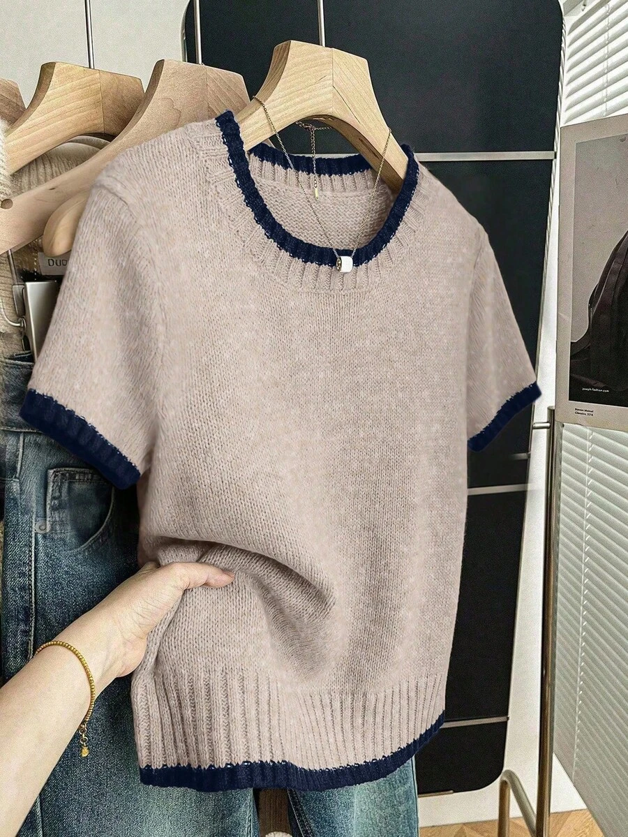 SHEIN Franclia 新款夏季简约个性拼接撞色优雅百搭女士针织上衣 - 摩卡棕 - 查看 1