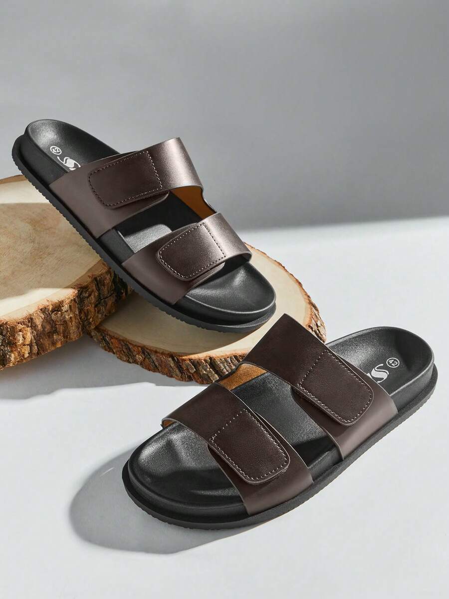 SHUZIA #ModernMinimal Men's Soft Footbed Twin-Band Hook And Loop Premium Faux Leather Coffee Slide Sandals – Clean Lines, Plush Comfort & Effortless Style - Coffee Brown - View 1