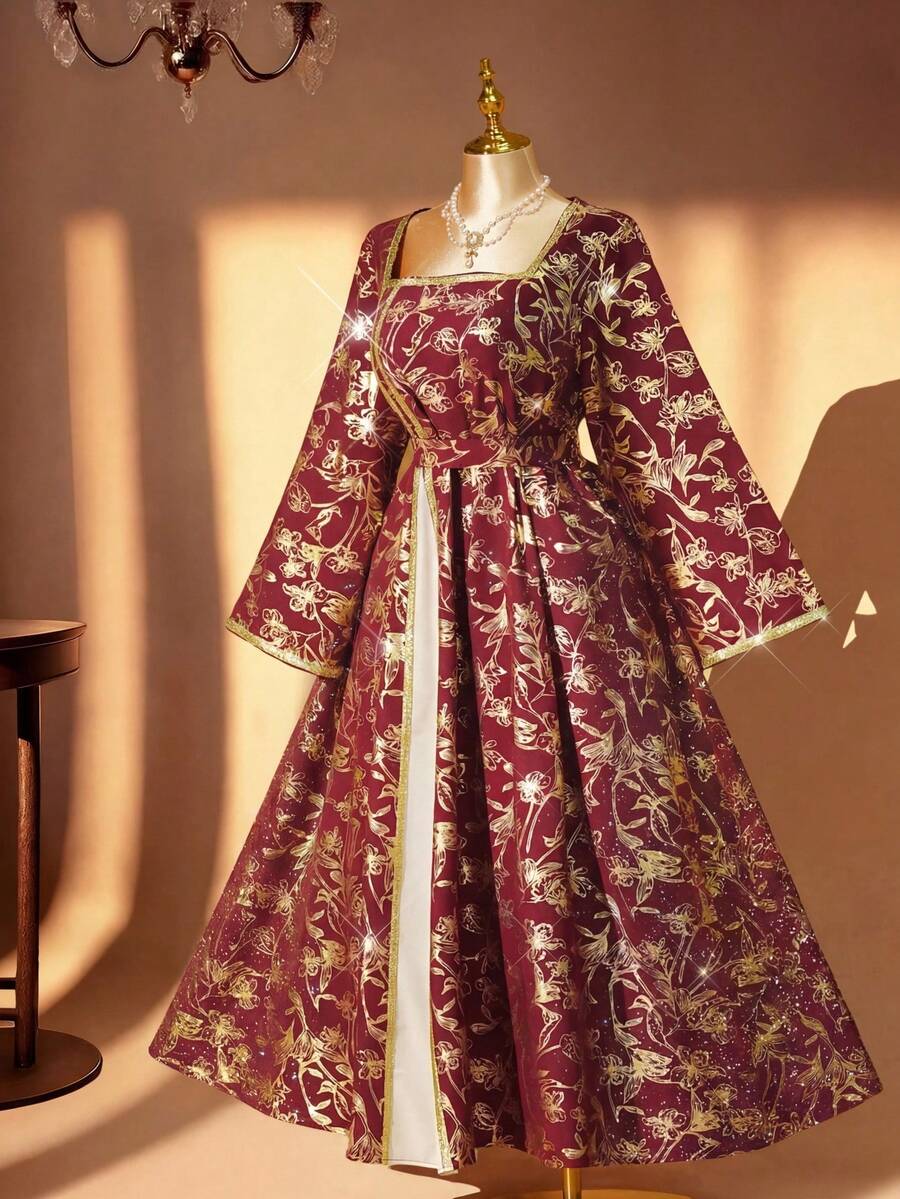 Rometta Đầm sang trọng, thanh lịch với chi tiết phối kim loại, thắt eo, cổ vuông, thích hợp cho tiệc tùng, dạ hội, họp mặt, các ngày lễ quan trọng, cỡ lớn. - Màu Đỏ Sâu - Xem 1