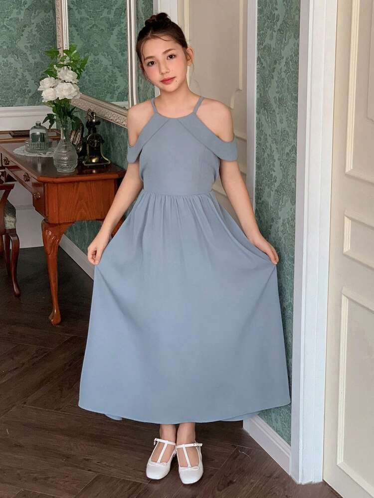 Tween Girl Elegant Vacation Party Banquet Minimalist Solid Color Cold Shoulder Waist Cinched Dress