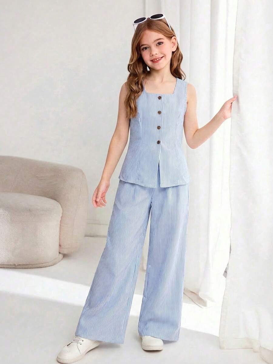 SHEIN Tween Girl Casual Elegant Commute Street Chic Jacquard Striped Button Front Sleeveless Vest Top And Straight Leg Pants Set Summer Outfits - Blue and White - View 1