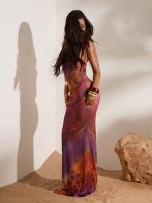 Opulessa Spring & Summer Vacation Knitted Mesh Printed Halter Backless Fitted Dress For Women - Red - View 5