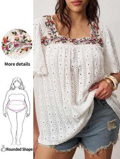 Enliva Plus Size T-Shirt, Square Neckline, Minimalist And Fashionable, Suitable For Summer Beach Outfits For Woman/Beach /Beach Vacation Outfits/Beach Essentials / Graduation/Tea Party  Summer/Country/Beach Vacation Outfits/Beach Outfits/Beach Wear