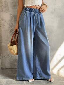 Sunnyshic 松紧腰休闲水洗宽松阔腿牛仔裤 - 藍色 - 查看 5