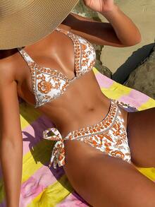 Swim Vcay Women's V-Neck Halter Tie Boho Floral Print Bikini Set Set - Orange - View 1