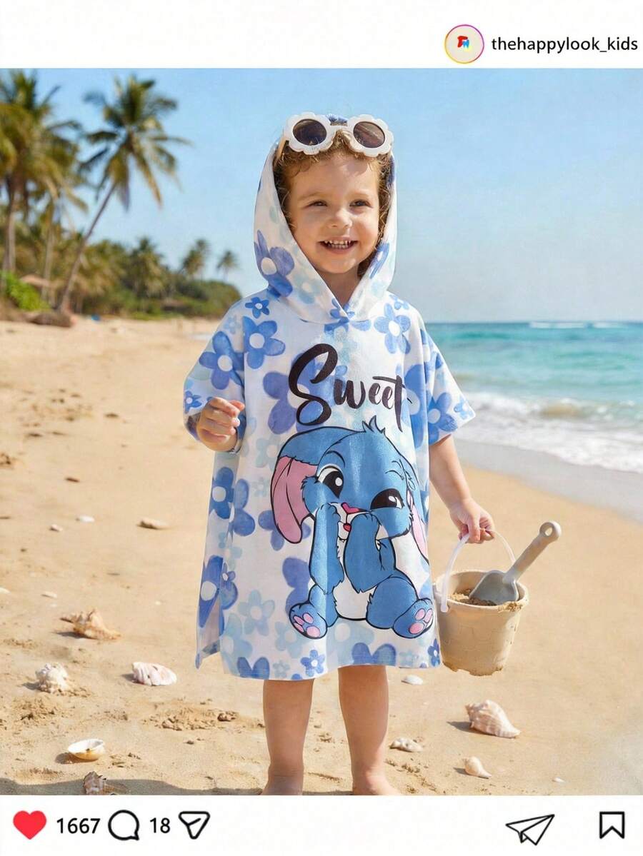 THE HAPPY LOOK Áo khoác không tay có mũ in hình động vật hoạt hình dành cho bé gái - Màu xanh lam - Xem 1