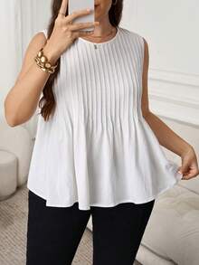 SHEIN LUNE 大码女式纯色圆领褶皱休闲百搭背心，适合度假、夏季外出、情人节等场合，白色上衣。 - 白色 - 查看 8