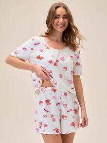 Loomlin 纯棉女士爱心气球印花纽扣蕾丝装饰两件套睡衣T恤+短裤休闲可爱睡衣套装 - 杏色 - 查看 4