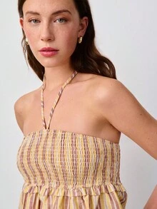 Nöista Striped Halter Top With A Smocked Bodice And A Flared, Peplum Hem. Spring, Summer, Easter. - Yellow - View 6