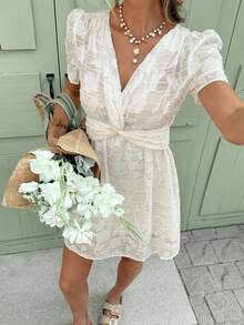 Serisse Women's Cutout V-Neck Short Sleeve Twist Waist Casual Mini Dress - Apricot - View 7