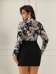 SHEIN Clasi CURVE 大码优雅女士植绒蕾丝拼接修身迷你连衣裙 - 白色 - 查看 2