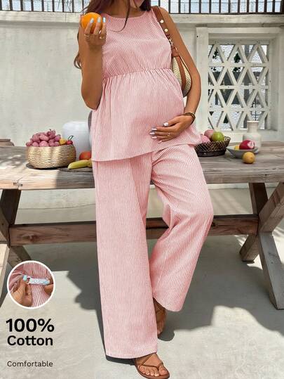 SHEIN Maternity Vacation Striped Ruffle Hem Sleeveless Top And Adjustable Waist Pants Casual 2 Pieces Set
