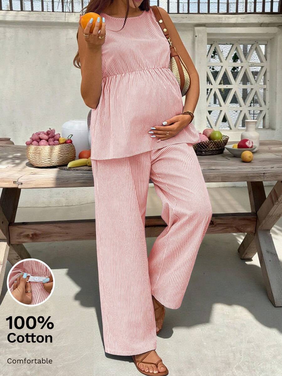 SHEIN Maternity Vacation Striped Ruffle Hem Sleeveless Top And Adjustable Waist Pants Casual 2 Pieces Set - Red and White - View 1