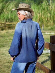 EMERY ROSE Women's Casual Denim Blouse With Bow Collar And Raglan Sleeves - Medium Wash - View 2