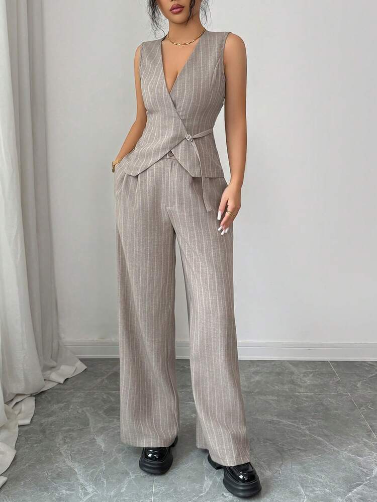 Women's Casual Striped Vest And Pants 2 Pieces Set, Summer