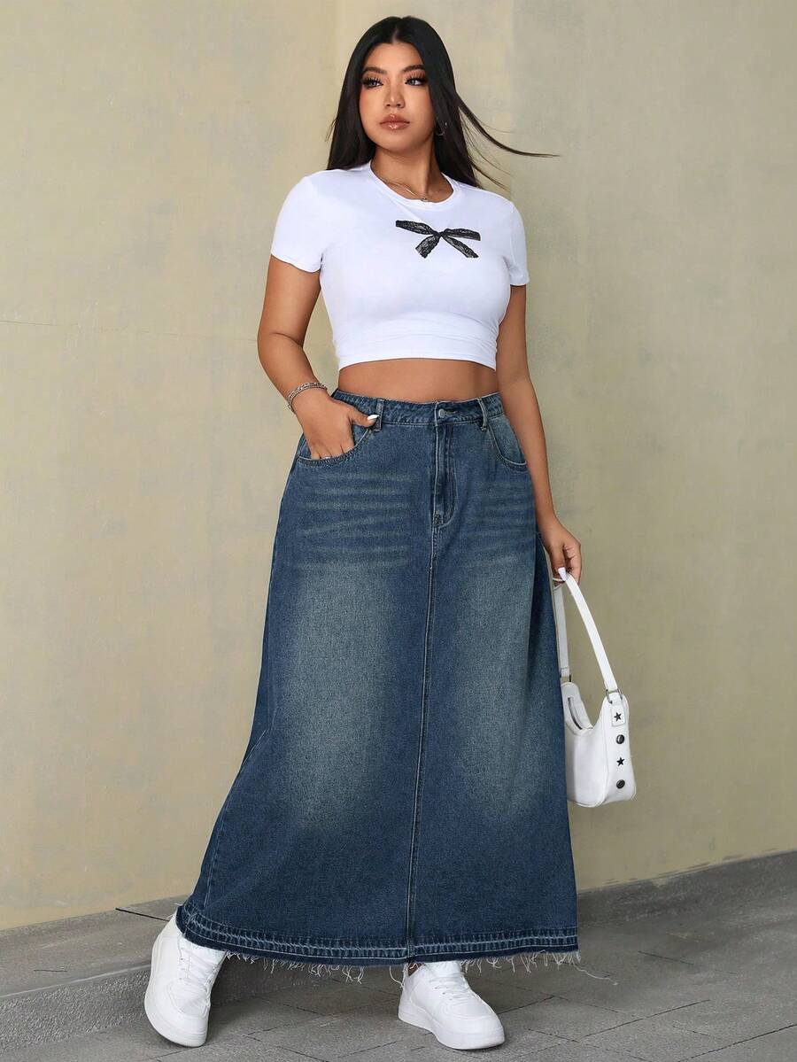 SHEIN ICON Váy denim dài dáng rộng, thoải mái, chất liệu denim mài. - Rửa tối - Xem 1