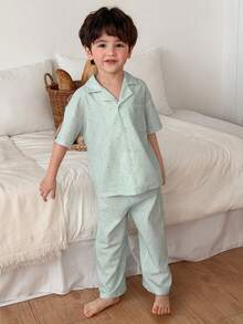 DAZY 男童条纹短袖单排扣口袋上衣和裤子睡衣套装 - 綠色 - 查看 3