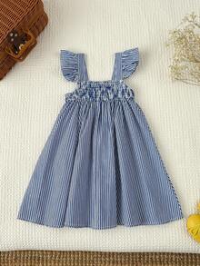SHEIN Young Girl Woven Striped Floral Pattern Ruffle Hem Casual Dress - Blue and White - View 2