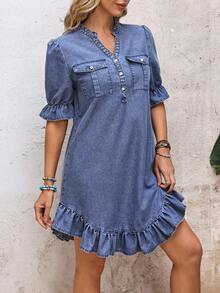 EMERY ROSE Women's Casual Notched Collar Ruffle Hem Denim Dress, Summer - Blue - View 4