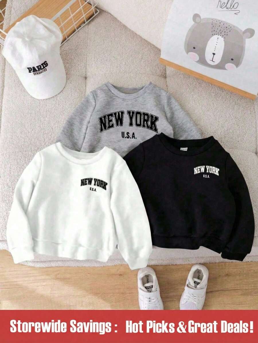 SHEIN 3 件套男婴休闲日常字母印花圆领长袖运动服，秋冬 - 黑色 - 查看 1