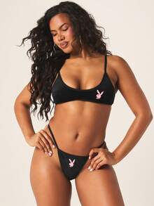 Missguided x Playboy Velour Texture Bralette And String Thong Set With Bunny Logo Embellishment Intimate Lingerie Collection - Black - View 3